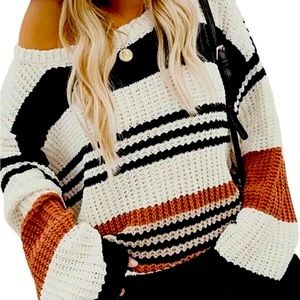 KIRUNDO Women’s Stripe Color Block Short Sweater Long Sleeve Stitching Size L
